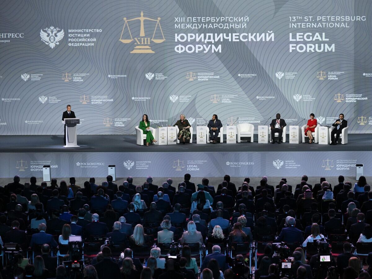    Заместитель председателя Совета Безопасности РФ Дмитрий Медведев выступает на пленарном заседании "Право: уроки прошлого для мира будущего" XIII Петербургского международного юридического форума© РИА Новости / Алексей Даничев