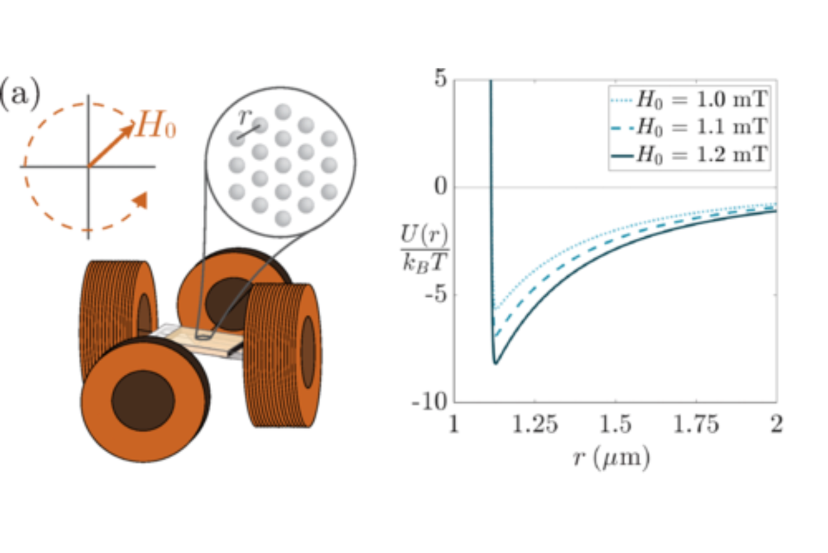    Слева: Экспериментальная установка с суперпарамагнитными коллоидами в центре вращающегося магнитного поля (оранжевая стрелка), созданного двумя парами магнитных катушек. Справа: Потенциал взаимодействия между двумя частицами как функция межчастичного расстояния, 𝑟, для трех значений напряженности магнитного поля