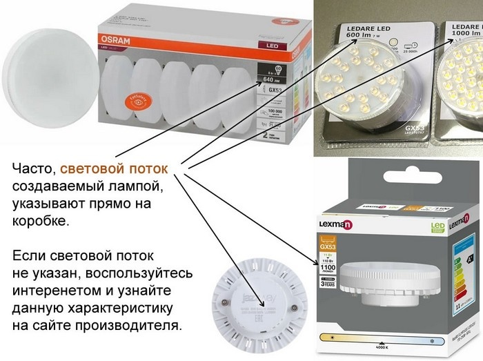   
Примеры, где можно найти величину светового потока создаваемого лампой