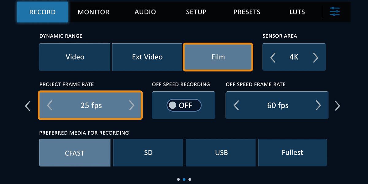 Меню камеры: выбор частоты кадров и режима динамического диапазона