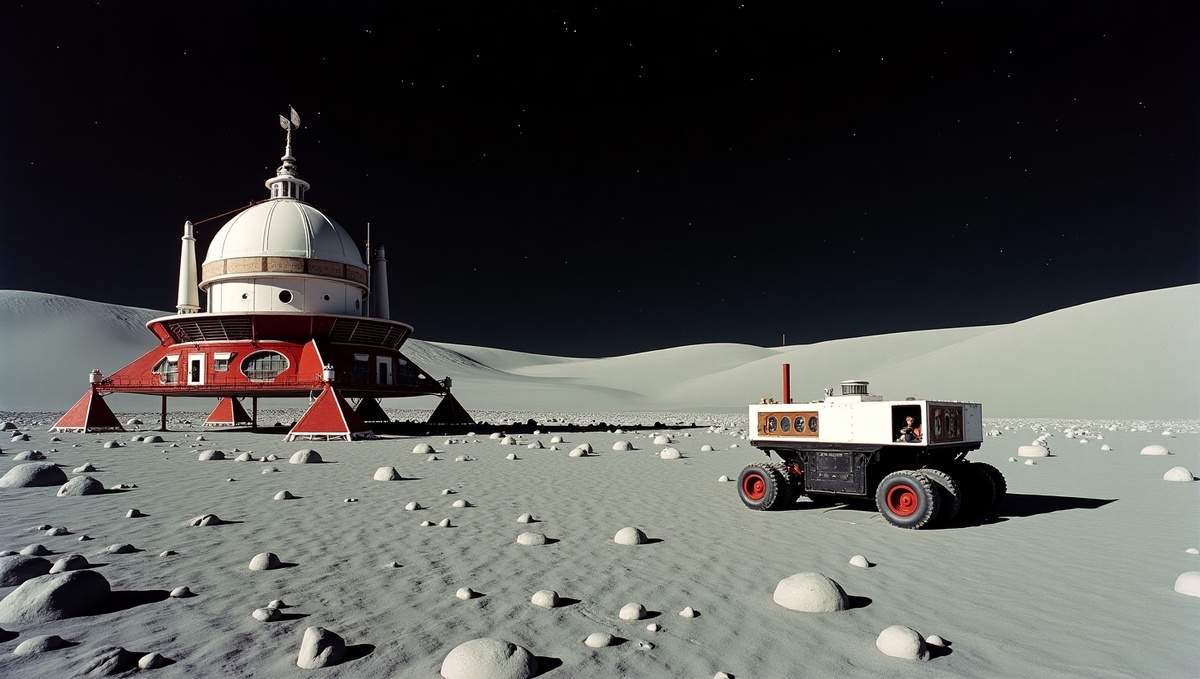 Форпост коммунизма: Панорама советской лунной базы, демонстрирующая ее масштаб, функциональность и узнаваемый "советский" архитектурный стиль в космических условиях.