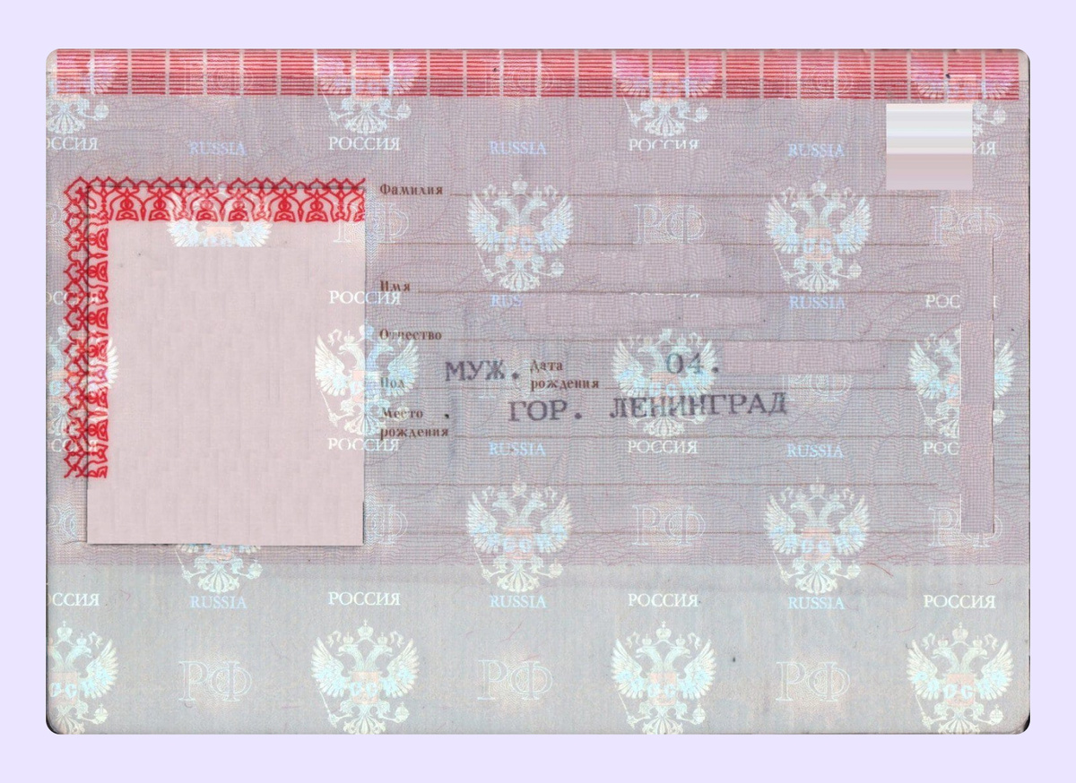 Над фотографией есть голограмма, а слева вверху поверх фото — красный узорчатый уголок