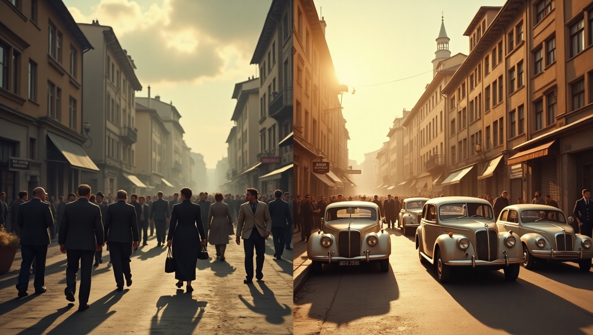 Контраст двух миров: Сравнение процветающей Америки и погрузившейся в кризис Европы, показывающее сдвиг мирового лидерства.