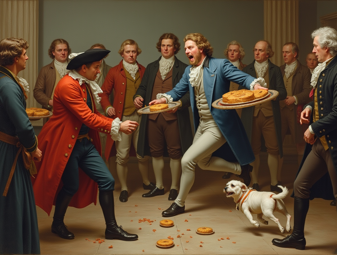 Иллюстрация сцены с падающим подносом: перепуганный стольник Шереметев роняет поднос с пирожками, Пётр I с выражением удивления на лице, придворные в ужасе, и маленькая собачка, подбегающая к пирожкам.