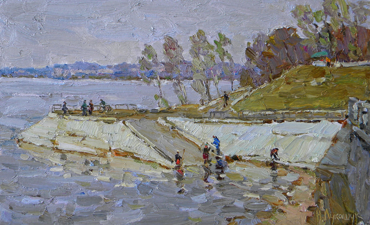 Николай Лукашук "Разлив на набережной под Ладьёй" 2023 картон, масло 25х40