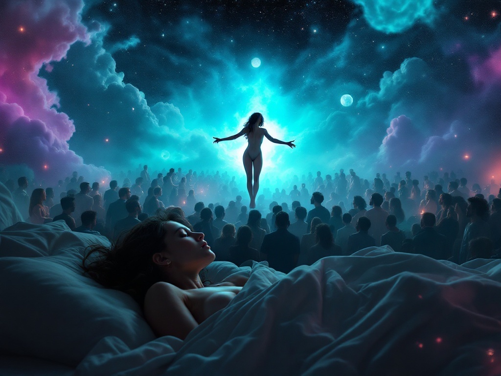    К чему такое снится: Художник изобразил женщину, стоящую в центре площади, обнаженную. Вокруг нее группа людей в разном наряде с выражениями удивления. Она размахивает рукой и что-то гов