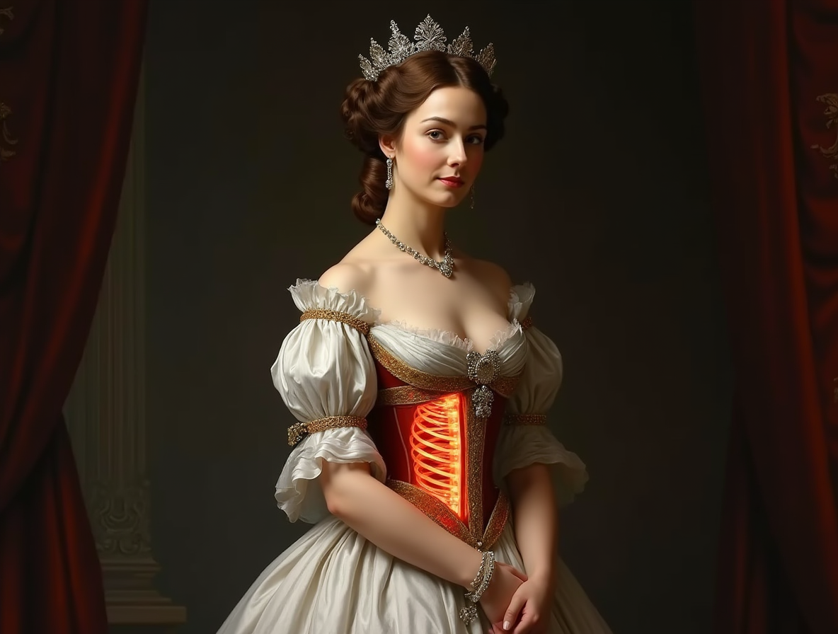 Портрет Марии-Терезии в полный рост в парадном платье с визуально подчеркнутой тонкой талией. Со схематичным "рентгеном", показывающим, как выглядели ребра императрицы в корсете.