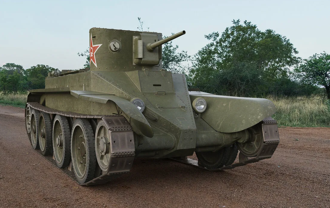 А вот это - БТ-2. Практически "Кристи" один в один. Колёса видите? Так вот, он, колёсно-гусеничный танк. Тогда ещё не умели делать быстроходную гусеницу.