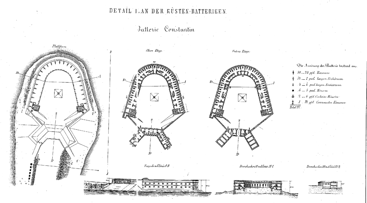 Батарея в плане была в виде подковы, повторяя очертания мыса. На крыше батареи с высоким бруствером установлены орудия, фланкировалась стенами двух квадратных башен-барбетов. С сухого пути батарея была замкнута 2-х ярусной оборонительной казармой и оборонительными стенами. Нижний ярус казармы был приспособлен к ружейной обороне рва; верхний назначен для пушечной обороны. Впереди казармы был расположен ров с каменным эскарпом. Длина батареи была около 188 м. На батарее находилось 470 человек прислуги. Командиром Константиновской батареи был капитан С.Ф. Шемякин. К осени 1853 г. на вооружении батареи были 97 орудий, из них 83 орудия были предназначены для стрельбы по взморью и рейду. 