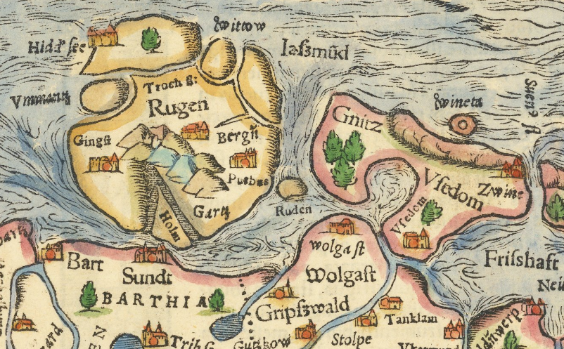 Рюген на "Декоративная карта Померании, простирающаяся на восток до Данцига" (Pomerania XIII Nova Tabula) Себастьян Мюнстер. Базель / 1552