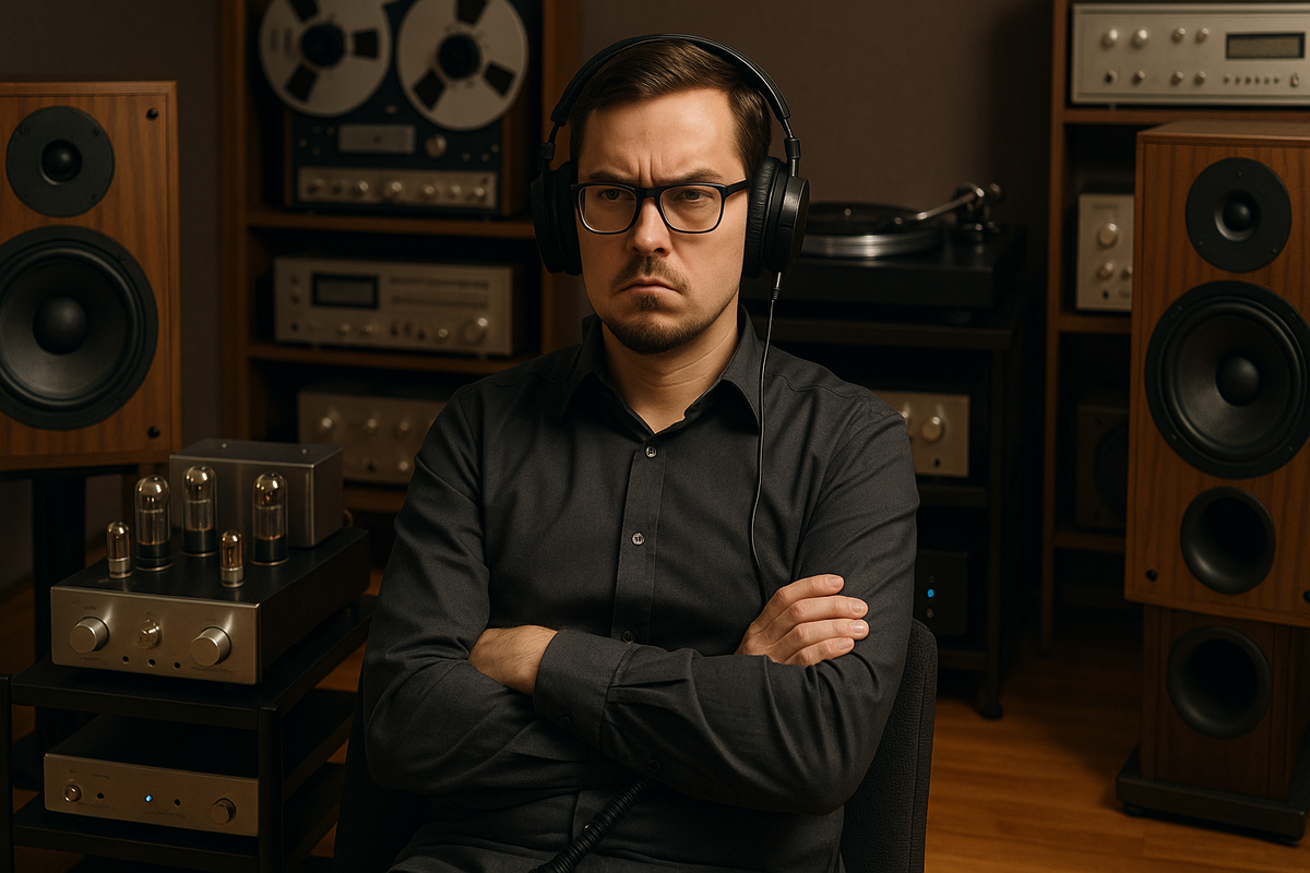 Аудиофил слушает музыкальное оборудование и надменно смотрит именно на тебя!
