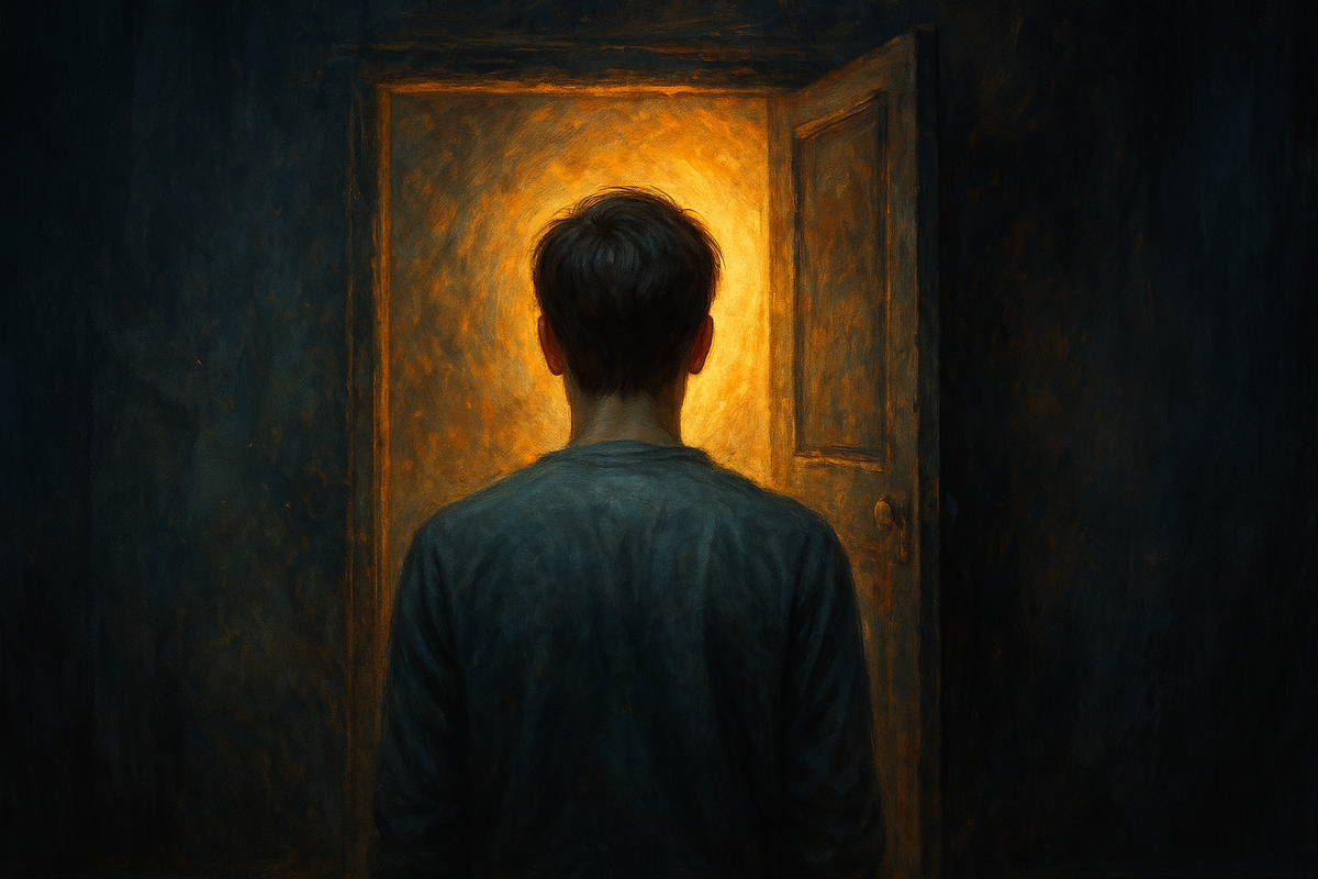 Мужчина перед сияющей дверью в темном коридоре — символ встречи с прошлым, которое не отпускает.