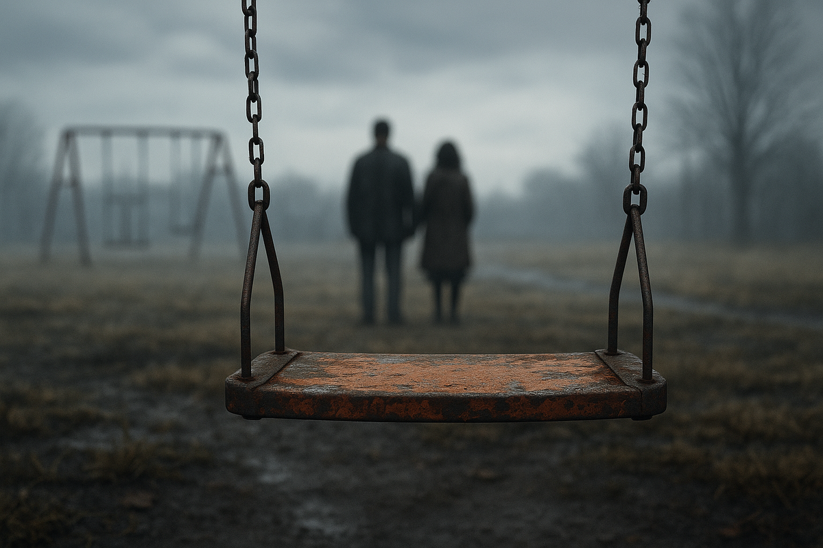 Ржавые качели, серое небо, неясные силуэты родителей — визуальный образ вытесненного воспоминания из детства.