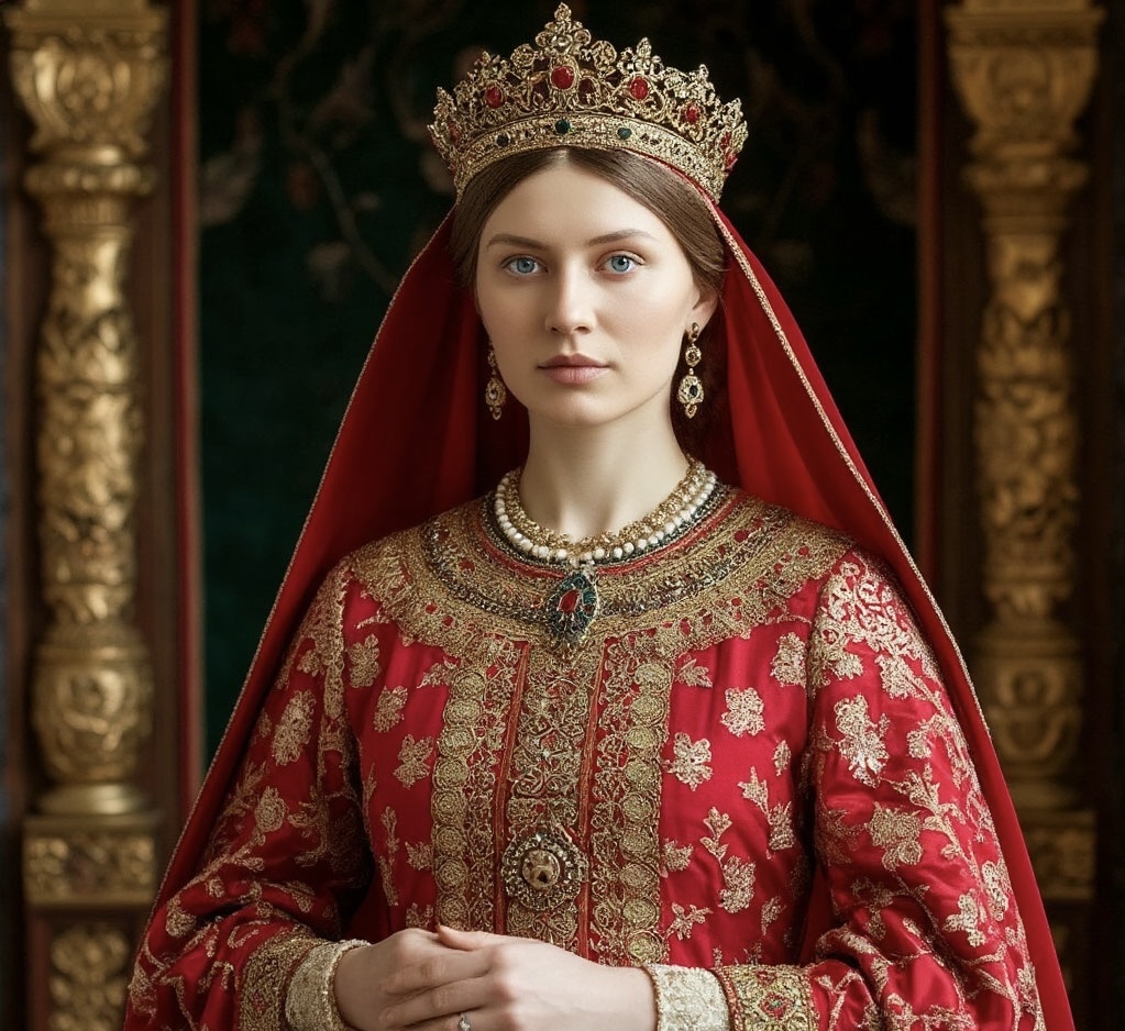 Княгиня Ольга, правительница Древней Руси, в роскошном одеянии X века, реконструкция.