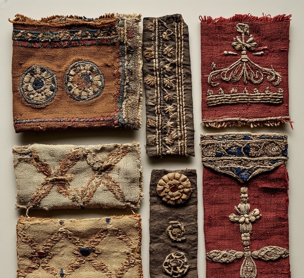 Реконструкция археологических находок: фрагменты тканей, украшения и детали одежды из курганов Древней Руси. 