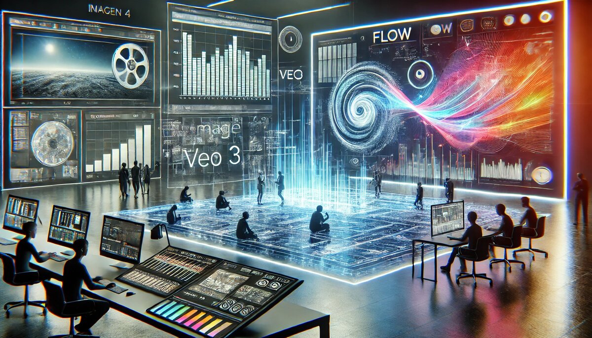 Современное цифровое пространство, в котором художники используют продвинутые ИИ-инструменты: создание изображений (Imagen 4), видео с аудио (Veo 3) и кинематографических сцен (Flow). Атмосфера технологического творчества и вдохновения.