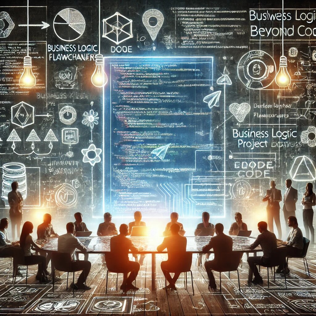 Команда разработчиков, дизайнеров и менеджеров работает над цифровым проектом, где код отступает на задний план. На переднем плане — бизнес-логика, пользовательский опыт и командное взаимодействие. Изображение подчеркивает, что ценность цифрового продукта определяется не строчками кода, а людьми и идеями, которые за ним стоят.