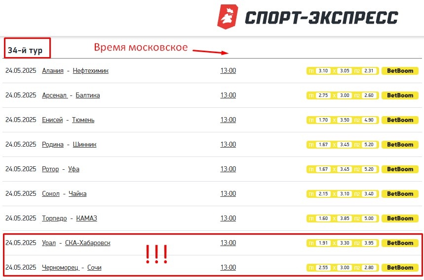 Расписание игр 34 тура Первой лиги