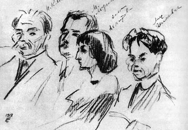 Заседание "Цеха поэтов". Н.Клюев, М.Лозинский, А.Ахматова, М.Зенкевич.
Карандашный рисунок С.М. Городецкого. 1913 г.