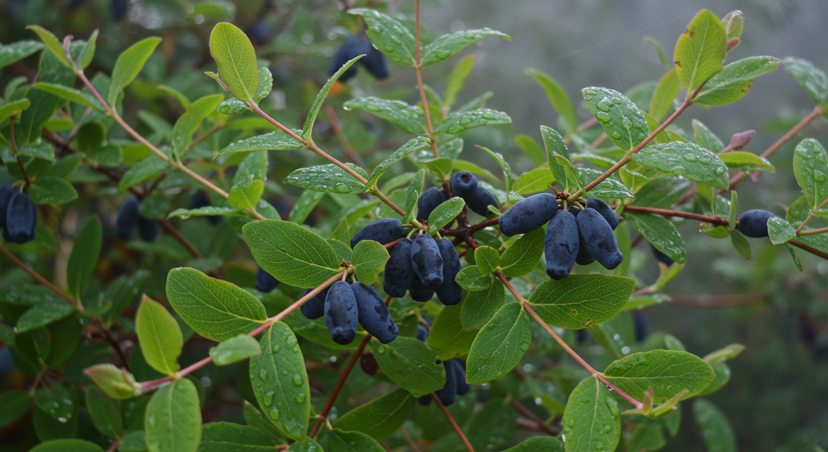 Ягоды на здоровом кусте жимолости