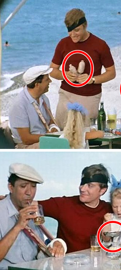 Коллаж кадров из советской комедии Гайдая «Бриллиантовая рука»