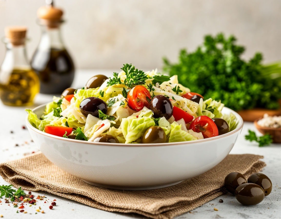 Салат из свежей капусты с черри и оливками