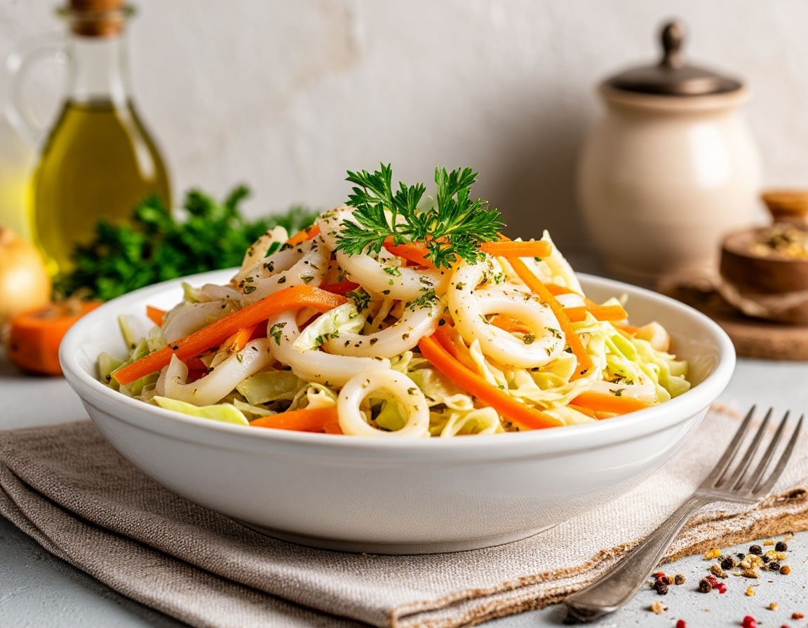 Салат из свежей капусты с морковью и кальмаром