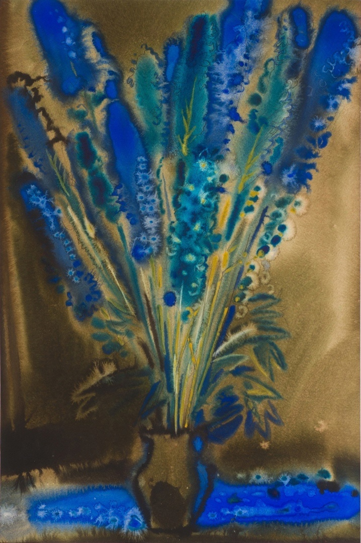 Посмотрите на эти дельфиниумы! Взрыв синего  кобальта на умбре. Как здорово придуман прием написания отдельных цветочков: не выписан каждый, но мы, зрители, поимаем что это именно они. 