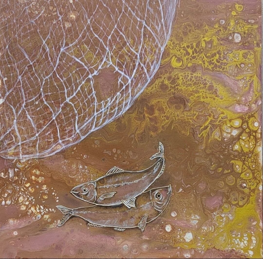 "Спасение". худ. Ольга Донина. Холст на подрамнике 50×50 см, техника флюид арт с дорисовкой акрилом и золотой поталью. цена 11 000 тыс. руб.