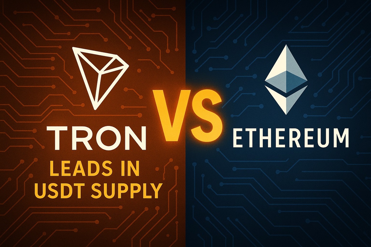 Изображение с надписью "TRON VS ETHEREUM" и текстом "TRON LEADS IN USDT SUPPLY" на фоне логотипов TRON и Ethereum, разделенных пополам. На левой, оранжевой стороне, находится логотип TRON, а на правой, синей стороне, логотип Ethereum. Задний фон имитирует микросхему.