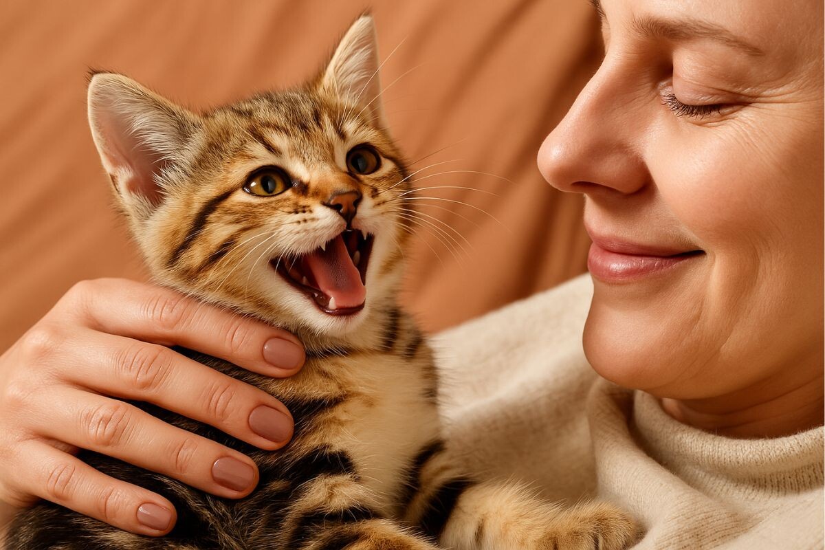 Тёплый момент общения между женщиной и котёнком