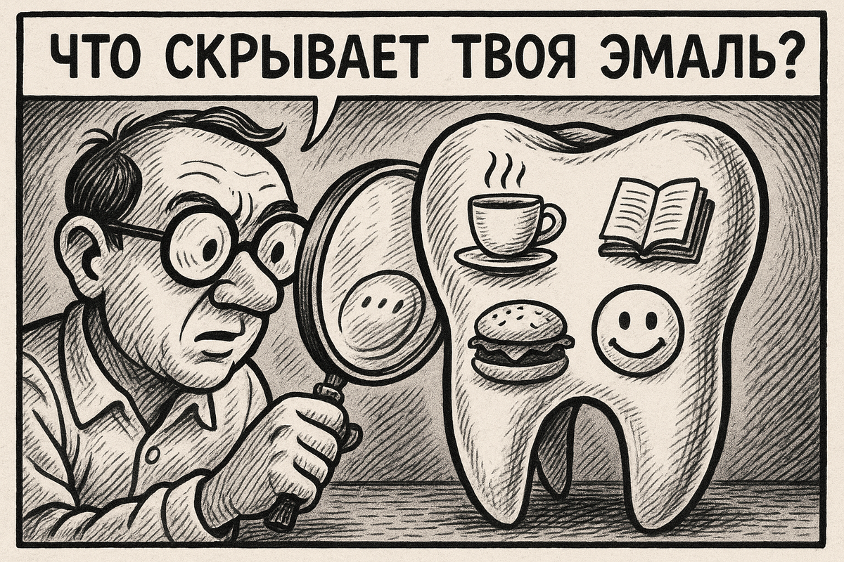 «Человек изучает зуб, в котором отражаются привычки»