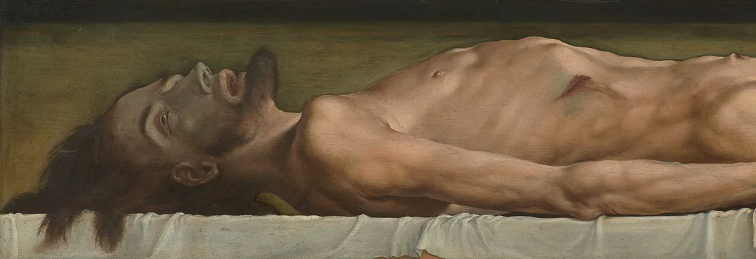 Деталь из «Тела мёртвого Христа в гробу» (1521–22) Ханса Гольбейна Младшего. Масло и темпера на липовом дереве. 30,5 × 200 см. Кунстмузеум Базель, Швейцария. 