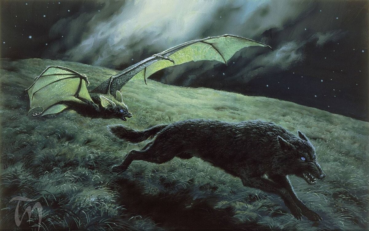 Лютиэн и Берен в облике летучей мыши и волка (арт Тэда Нейсмита, pinterest.com).