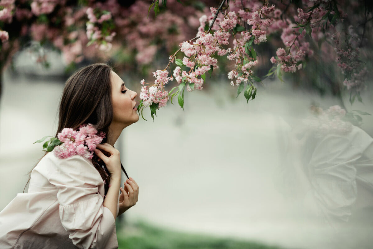    Girl leaning sniffs a sakura in the park Надежда Дунаева