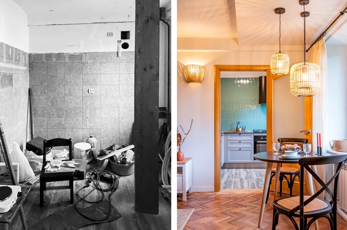 На фото: интерьер кухни в квартире 57 кв.м в г. Санкт-Петербурге. Дизайнер: Полина Андреева (@polinaandreeva.design); стилист: Дарья Кузнецова; фотограф: Кристина Плеер