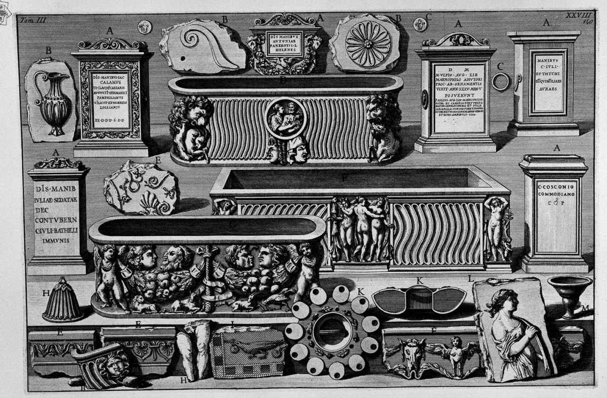Гравюра Дж. Б. Пиранези. Античные саркофаги и их украшения.