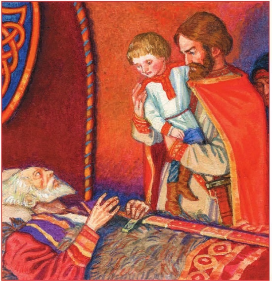 Олег с Игорем Рюриковичем на руках перенемает бразды правления у умирающего Рюрика