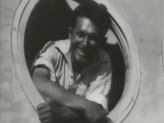 Н.Г. Ярмольчук во время испытаний модели Шаропоезда. Кадр из кинохроники. 