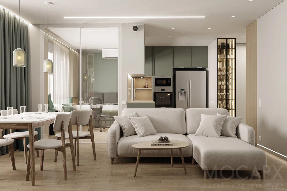 Объедененная кухня и гостиная. проект в ЖК Аквилон Митино.