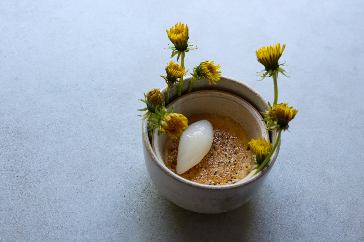 Крем-брюле с сорбе из цветов одуванчиков в 0.75 Please Moscow