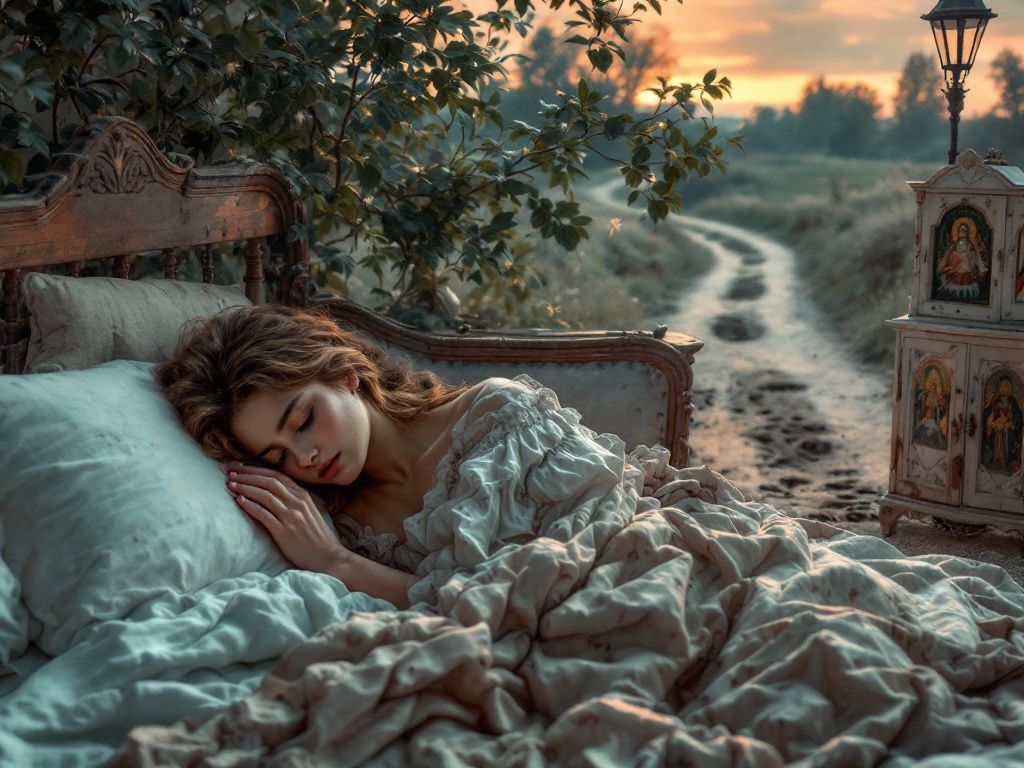    К чему такое снится: На картине изображен старый диван на улице, женщина сидит на нем и вытаскивает шипы из пальца. Рядом проходит грунтовая дорога с глубокими ямами, а возле дивана стои