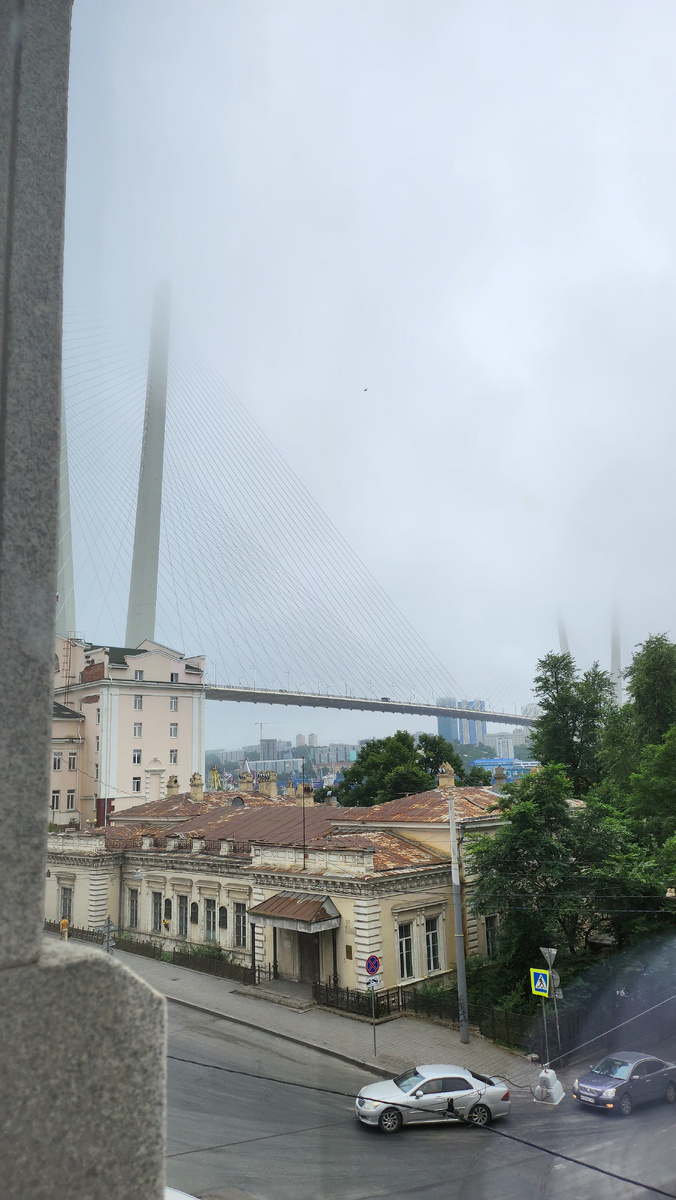 Вид из окна номера. Золотой мост в тумане)