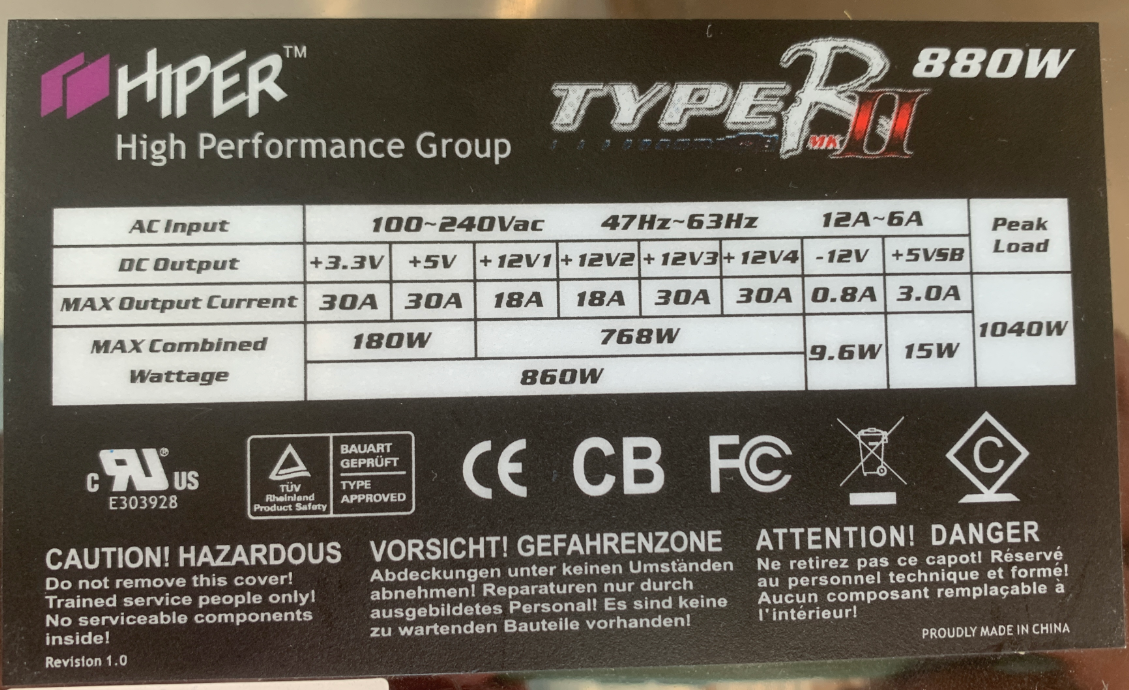 Нас интересует линия +12v, точнее, максимальная мощность, которую блок может выдать на ней. В примере выше, это 768 ватт.
