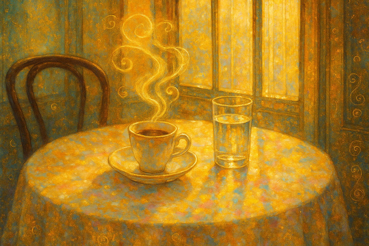 Первое прикосновение света к кофе. Одинокая чашка и стакан воды на столе в мягком утреннем свете — момент, когда всё только начинается. В этом кадре — тишина, вкус и предвкушение.

