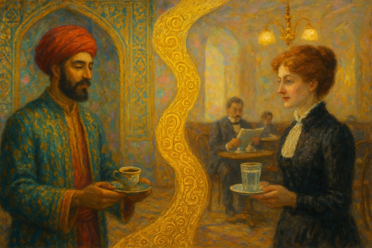 Диалог времён и культур: сцена, где Восток и Европа встречаются за чашкой кофе. Вода как знак уважения, а не просто дополнение. Эта традиция — живой язык гостеприимства.

