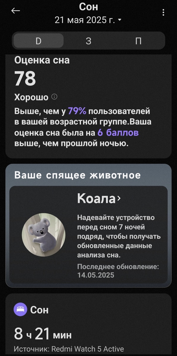 Оценка сна от приложения Mi Fitness. Снимок экрана телефона автора.