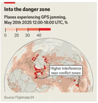 Карта воздействия помех на авиацию. Красным цветом отмечены наиболее сильные помеховые зоны, находящиеся вблизи зон конфликтов. Flightradar24/The Economist