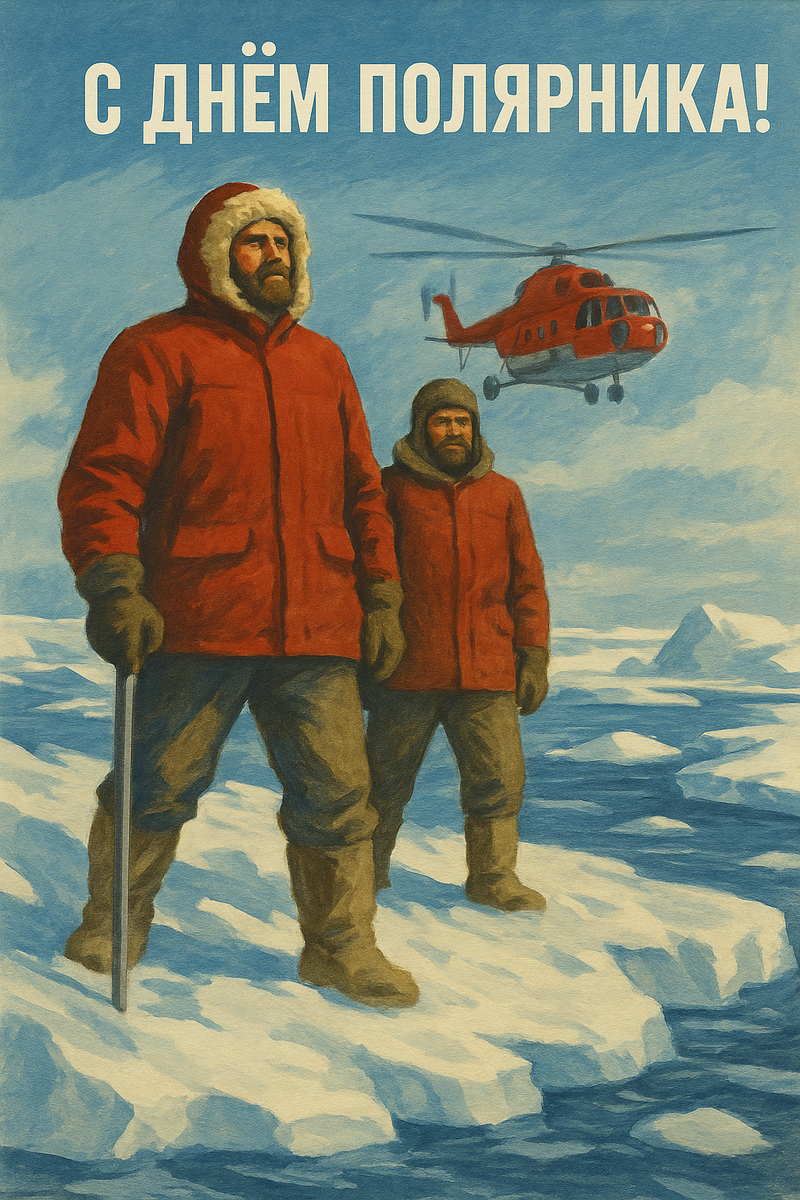 «С Днём полярника!» — открытка, сгенерированная по моему запросу искусственным интеллектом и бережно доработанная вручную.