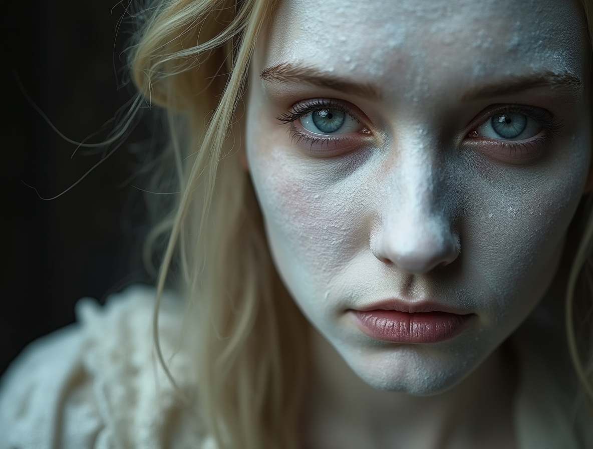 Крупным планом бледное лицо средневековой женщины-аристократки, покрытое белилами. У нее несчётный и больной вид. 